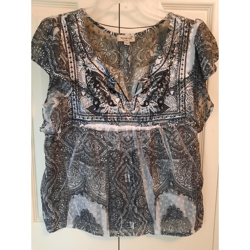 One World Womens Semi Sheer Shirt Top White Grey Black Flutter Sleeve Size PL